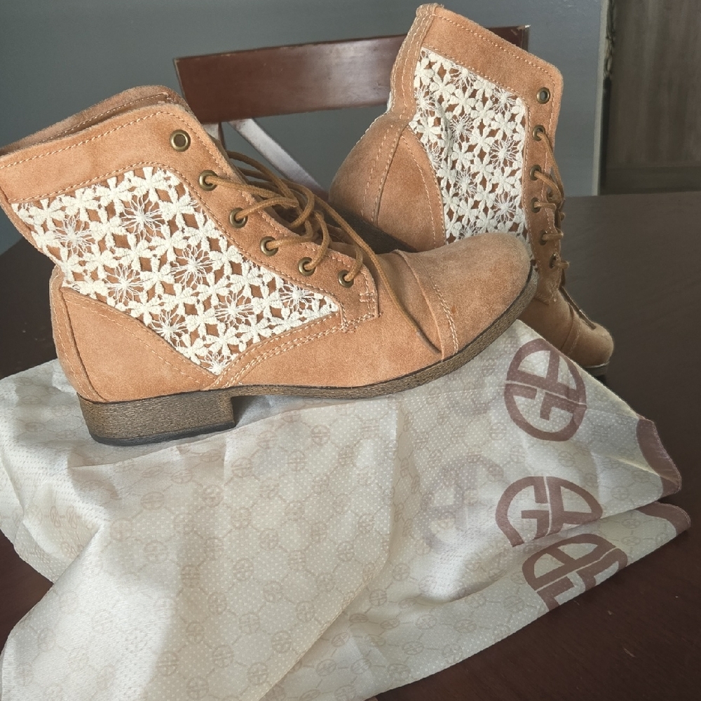 Tan and White Lace Up Boots with Crochet Panels